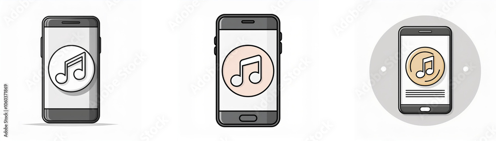 Poster three smartphone icons with a music note icon inside a circle on the screen.