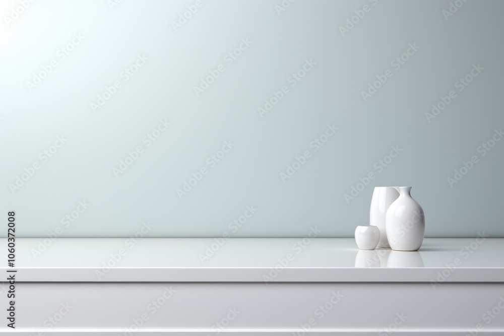 Poster minimalist display of white vases on a sleek surface against a soft gradient background.
