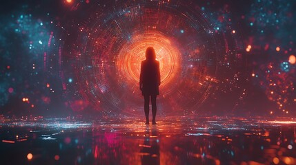 A figure stands before a vibrant portal of light embracing the future of technology and digital innovation