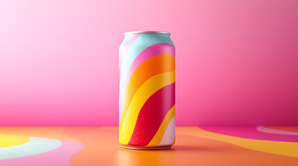 Fototapeta premium Bright Wavy Patterned Soda Can on Pink Background