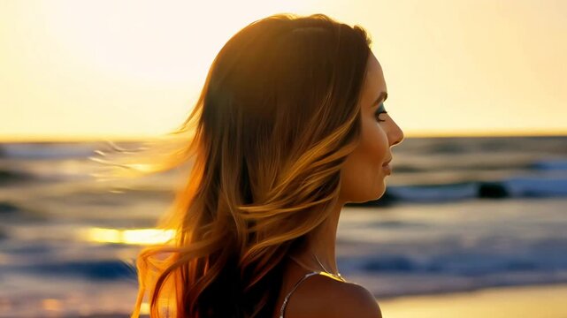 establishing video of model with ombre hair walking along a beach at sunset with smooth pan camera movement and warm glow