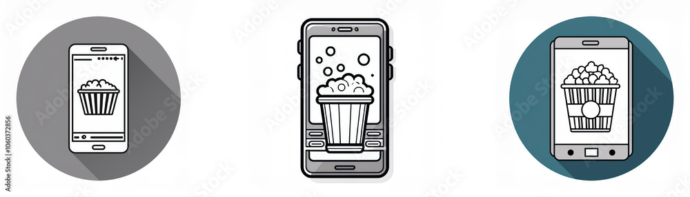 Fototapete three round icons each containing a smartphone with an image of popcorn in a bucket on the screen.