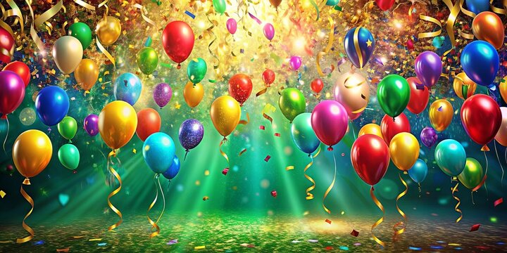 A vibrant celebration scene with colorful balloons and shimmering confetti, a cascade of joy for an unforgettable event.
