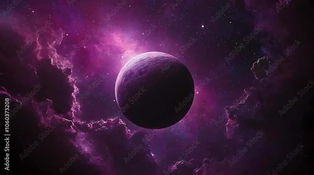 Poster purple planet in space clean blank canvas with empty space for designs