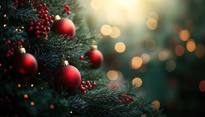 Christmas tree decorated with red and green ornaments, blurred garland, festive mood, soft green background