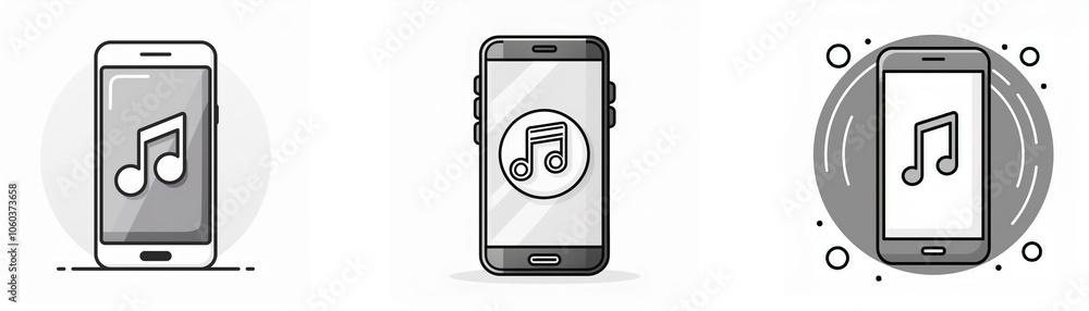 Poster three different illustrations of a smartphone with a music note icon displayed on the screen.