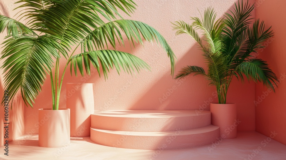 Poster a white background with pink flowers and a wooden platform. the flowers are arranged in a way that c