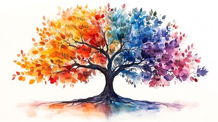 Obraz premium Vibrant tree illustrates the beauty of nature through colorful leaves and intricate details in a watercolor style