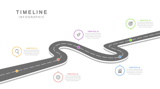 Business road map timeline infographic concept. with icons and 5 options, workflow layout, diagram, report, web design. Creative, vector, illustration.
