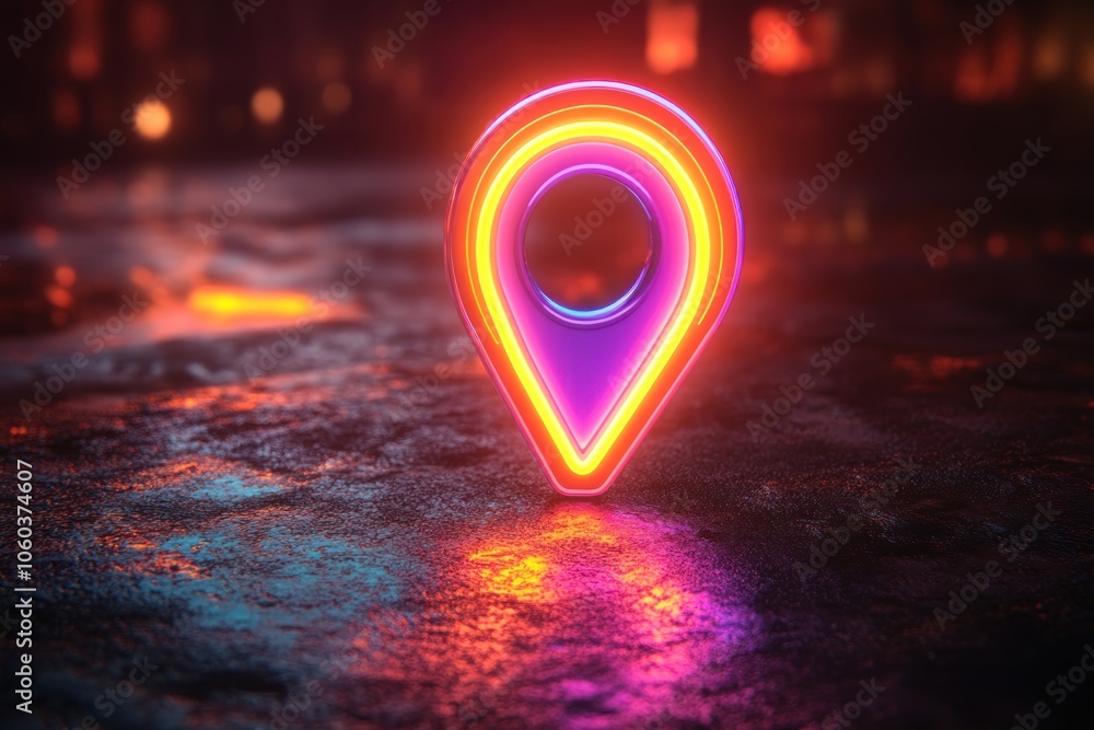 Poster a glowing neon location pin on a reflective surface, symbolizing navigation or mapping.