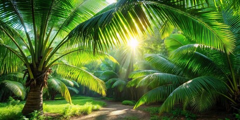 Fototapeta premium A Pathway Through Sun-Dappled Palm Trees, Leading into a Lush and Verdant Canopy, Where Sunlight Filters Through the Dense Foliage, Casting a Golden Glow on the Tropical Landscape