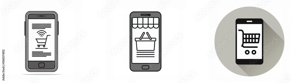 Poster three black and white illustrations showing a smartphone with a shopping cart icon on the screen.