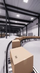 Fototapeta premium Cardboard boxes on a conveyor belt stream through a modern warehouse for efficient mail delivery and online shopping fulfillment