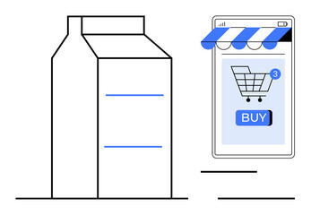 A large milk carton next to a mobile phone displaying an online store with a shopping cart and buy button. Ideal for ecommerce, online shopping, grocery delivery, mobile apps, and digital retail