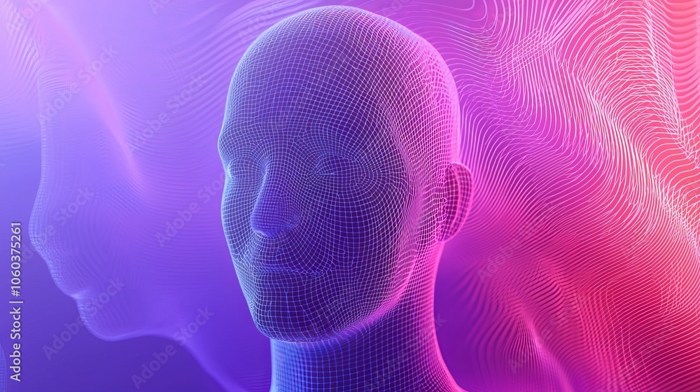 Poster a computer generated image of a head with a purple background. the head is made up of many small dot