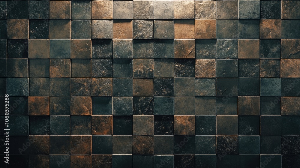 Poster a textured tile wall with a mix of glossy and matte tiles, showcasing subtle patterns and earthy ton