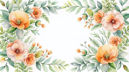 A delicate watercolor frame featuring light gray florals, muted orange blossoms, and lush green leaves against a crisp white background, ideal for elegant designs.