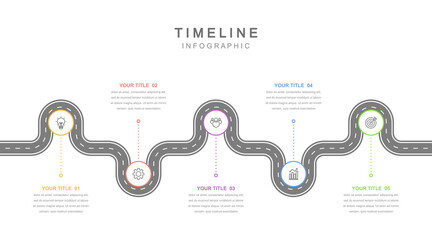 Business road map timeline infographic concept. with icons and 5 options, workflow layout, diagram, report, web design. Creative, vector, illustration.