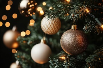 Close-up of Christmas tree ornaments and twinkling lights, soft holiday warmth