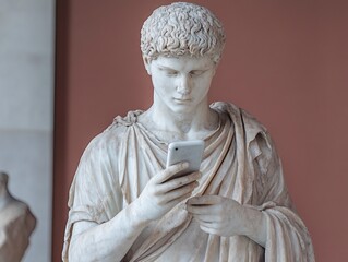 Ancient roman white marble statue looking at the phone in his hands, scrooling