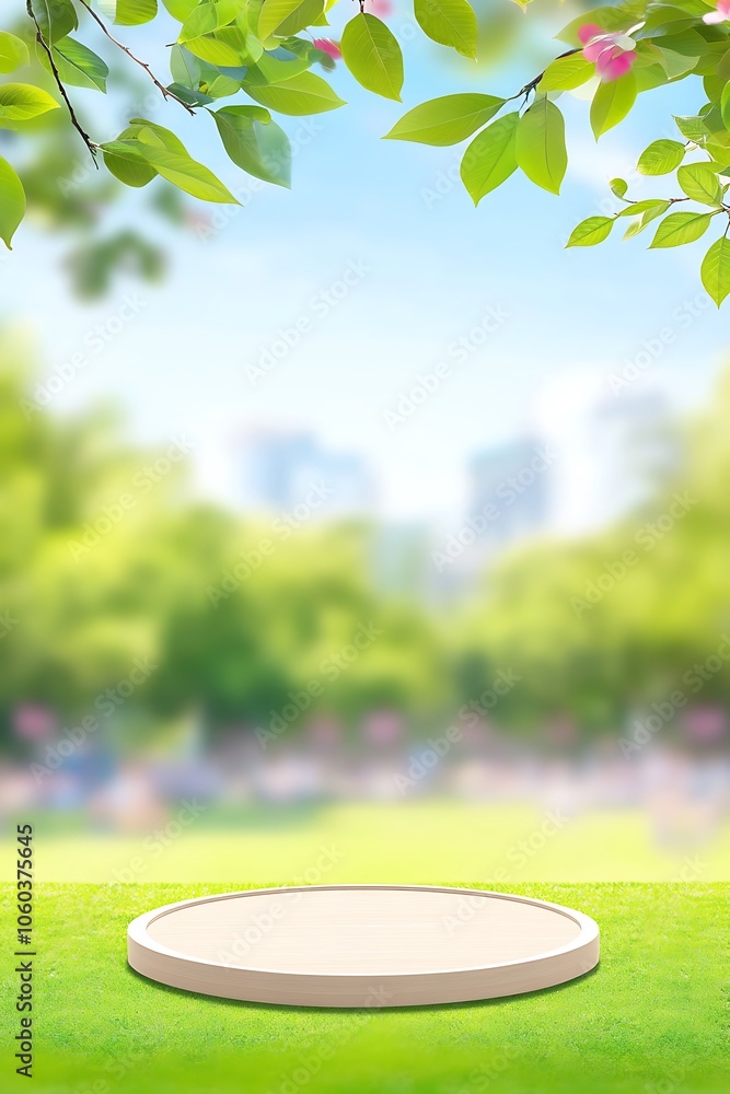 Poster green grass with wooden platform plain textured background for web design and copy