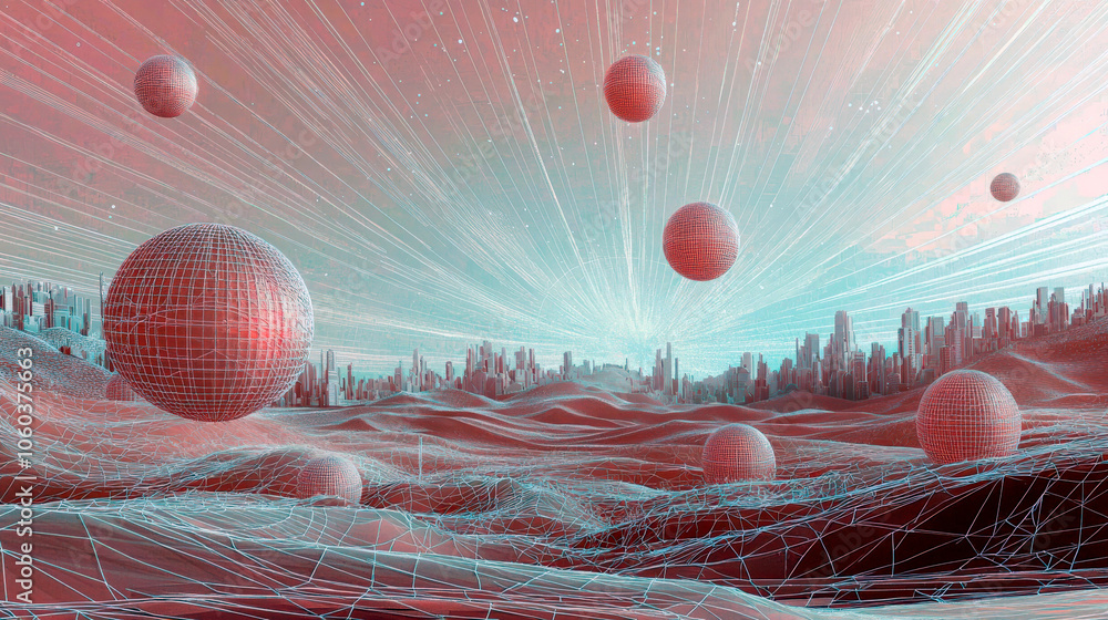 Poster a computer generated image of a red planet with a blue sky. the sky is filled with many small red an