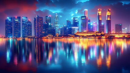 Fototapeta premium Cityscape Illustration with Colorful Lights and Reflections