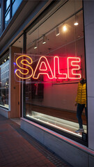Naklejka premium Shops display with neon SALE sign and a mannequin in a yellow jacket