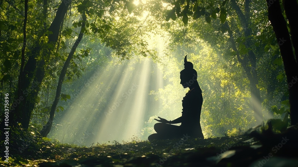 Poster a tranquil forest scene with shiva's silhouette framed by trees and soft rays of sunlight filtering 