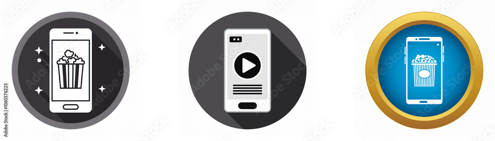 Fototapete three circular icons with a smartphone inside, each with a different symbol on the phone screen.