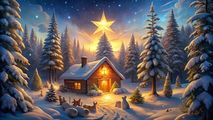A Cozy Cabin Nestled in a Winter Wonderland, Bathed in the Warm Glow of a Setting Sun, Under a Starry Sky with a Bright Guiding Star Above