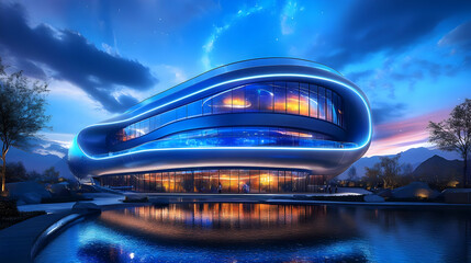 Fototapeta premium Futuristic Building with Blue Lights 3D Illustration