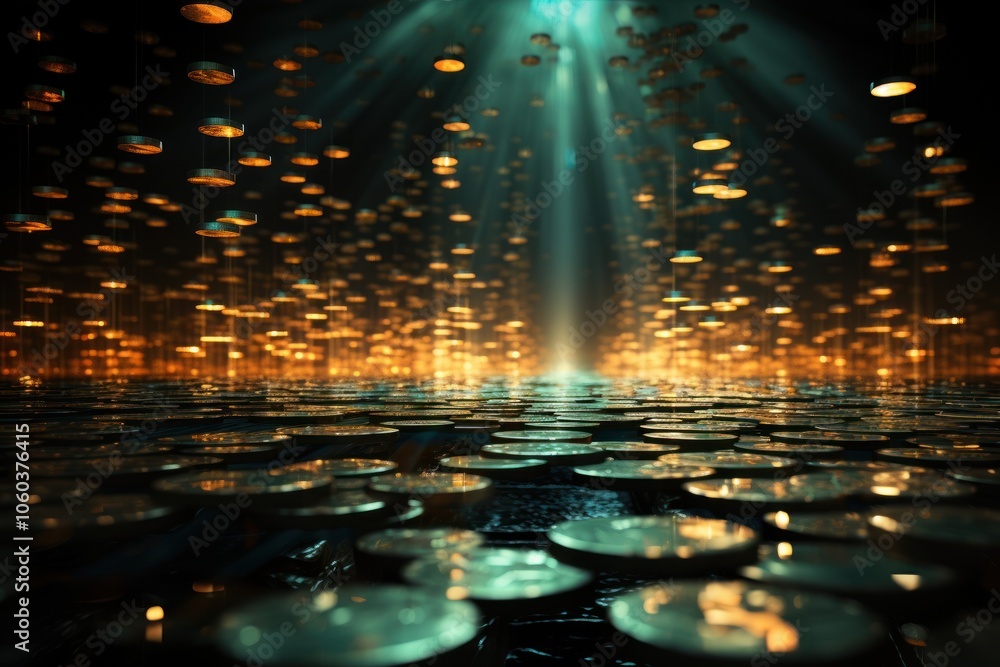 Poster a mesmerizing scene of floating coins illuminated by light beams, creating a magical atmosphere.