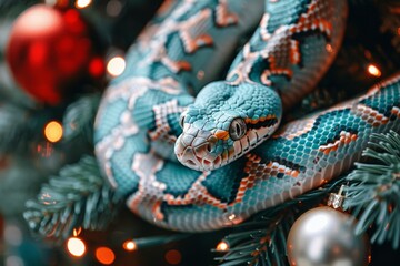 A blue and green snake rests among vibrant holiday decorations on a Christmas tree in a cozy festive setting