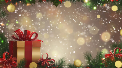 Beautifully Wrapped Christmas Gift Box.Festive Christmas Gift Boxes Background with Holiday Sparkle.