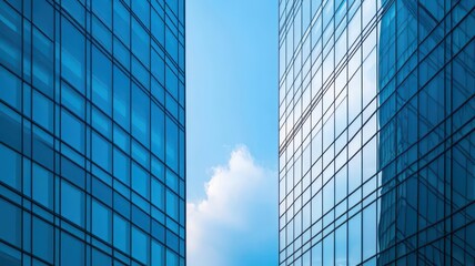 Modern skyscrapers reflect the blue sky, showcasing a striking architectural design and the beauty of urban development.