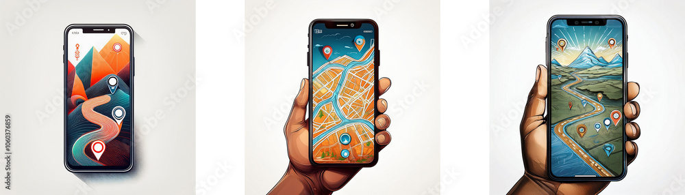 Leinwandbilder three smartphones displaying different interfaces with stylized maps.