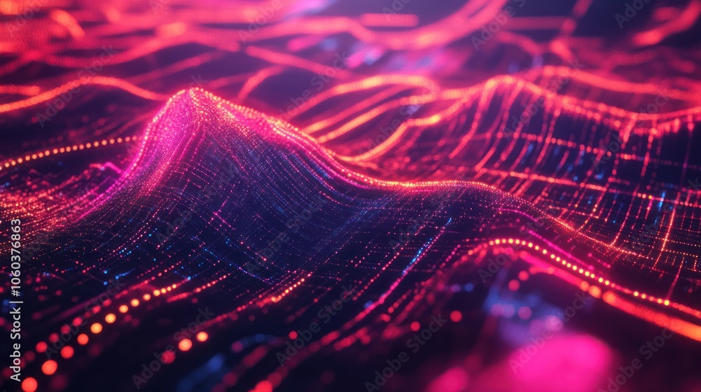 Poster dynamic abstract graph, where lines pulse and shift in real-time, visualizing the interaction of dat
