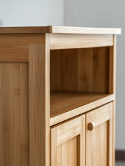 A kitchen interior detail highlighting light birch shelves in a cupboard intended for dishes and different kitchen tools