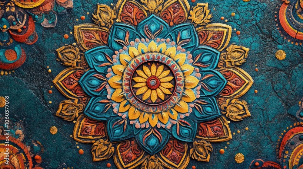 Poster a vibrant mandala design radiating intricate patterns and colors on a textured canvas.