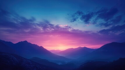 A vibrant twilight sky with deep blue and purple gradients over a tranquil landscape.