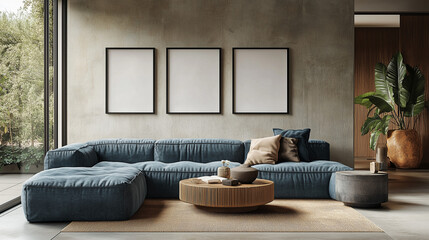 An image mockup showcasing a modern living room design, complete with three empty poster frames on the wall, a blue sofa, and a coffee table