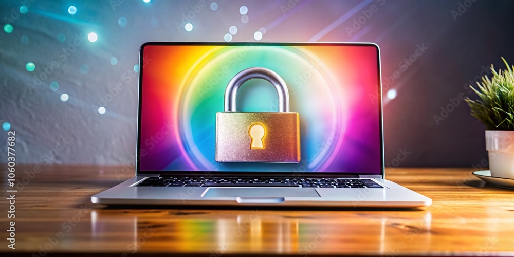 Poster a laptop secured with a lock symbolizes cybersecurity awareness, emphasizing data protection and pro