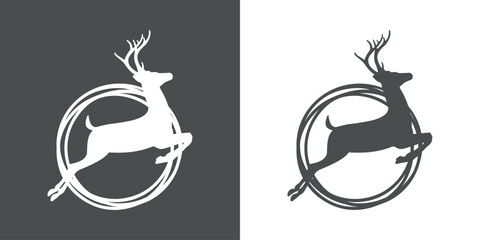 Tiempo de Navidad. Reno Rudolph. Silueta de ciervo o reno de Santa Claus saltando o corriendo en marco circular con líneas © teracreonte