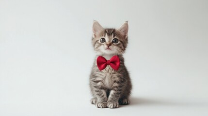 Sweet kitten with heart antennas and Valentine bow tie, sitting on white background