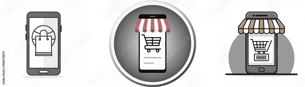Poster three mobile phone icons with different shopping related icons.