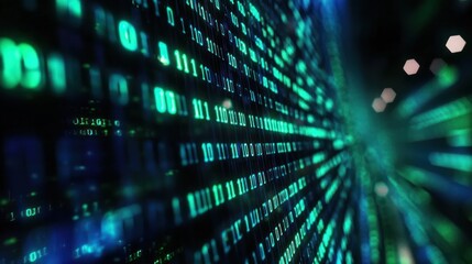 a digital binary code matrix with glowing green and blue binary digits cascading down in a 3D environment,