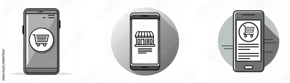 Poster three gray smartphones displaying different aspects of mobile commerce: a shopping cart icon, a stor