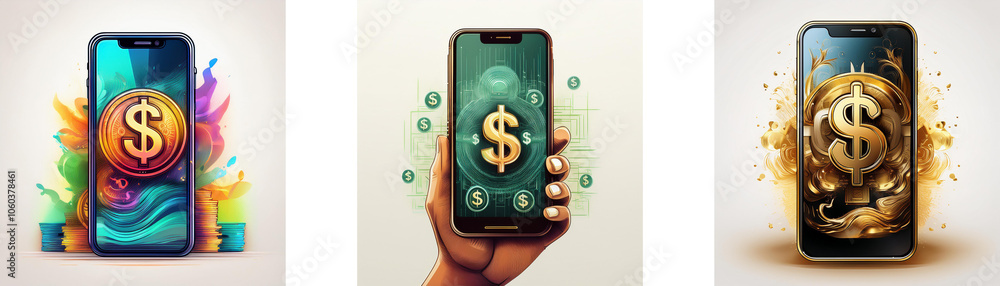 Aufkleber three smartphones displaying different variations of a gold dollar sign on their screen.