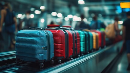 a group of stylish suitcases on a moving conveyor belt in an airport baggage claim area.